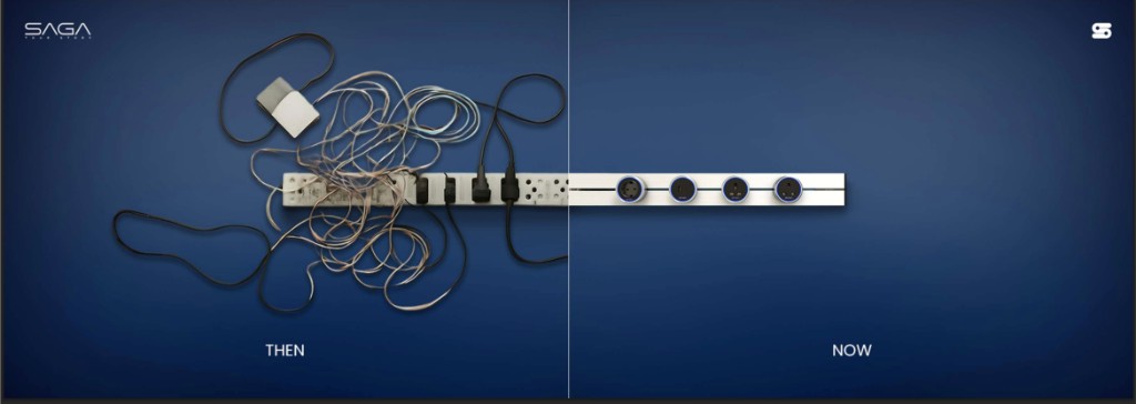 SAGA PowerTrack versus a traditional tangle of socket extension cords